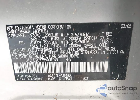 2005 Toyota Rav4 from USA, damaged, VIN JTEHD20V756031079